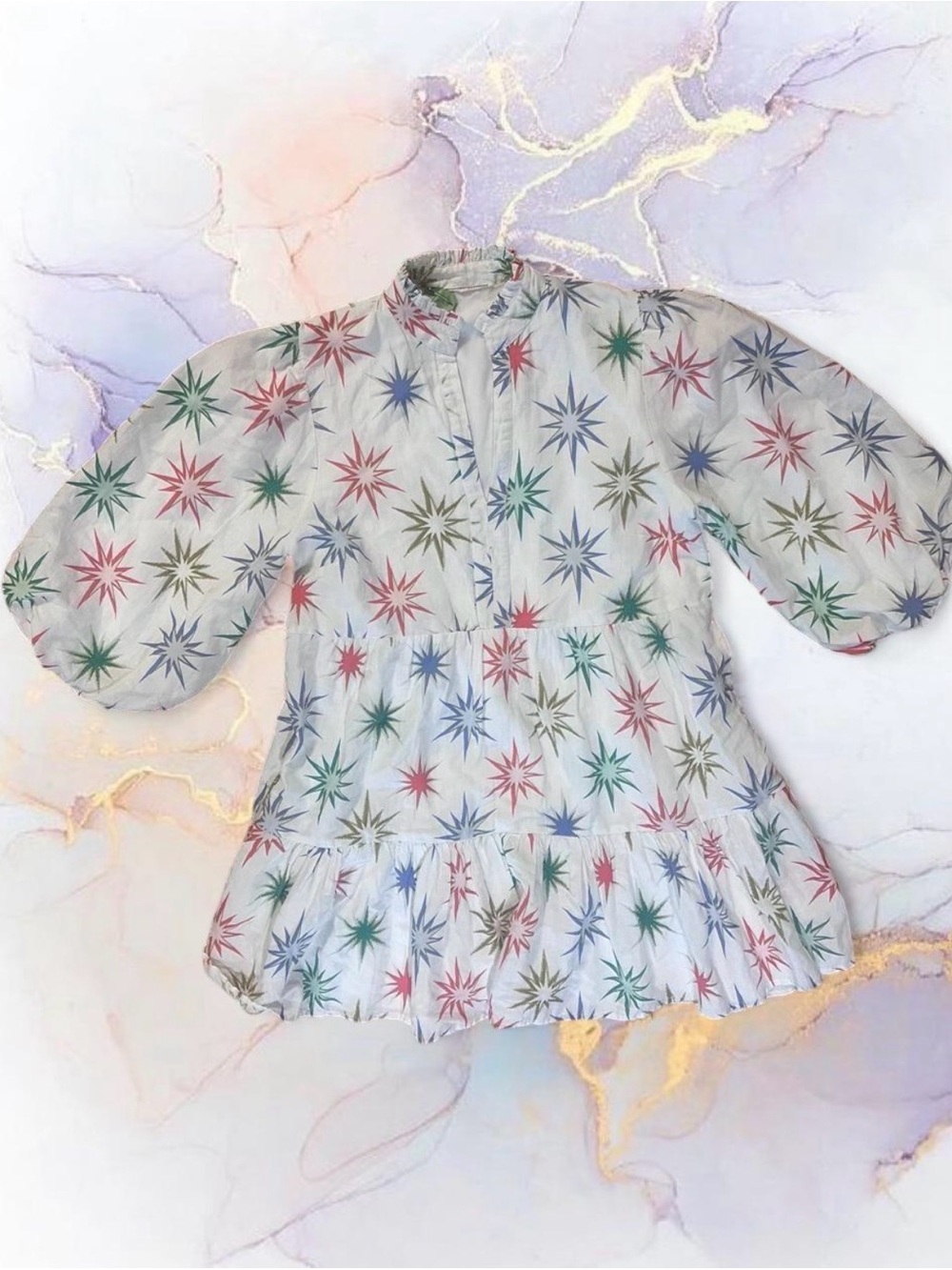 Emily McCarthy Women’s White Long Sleeve Dress with Multicolor Starburst Print